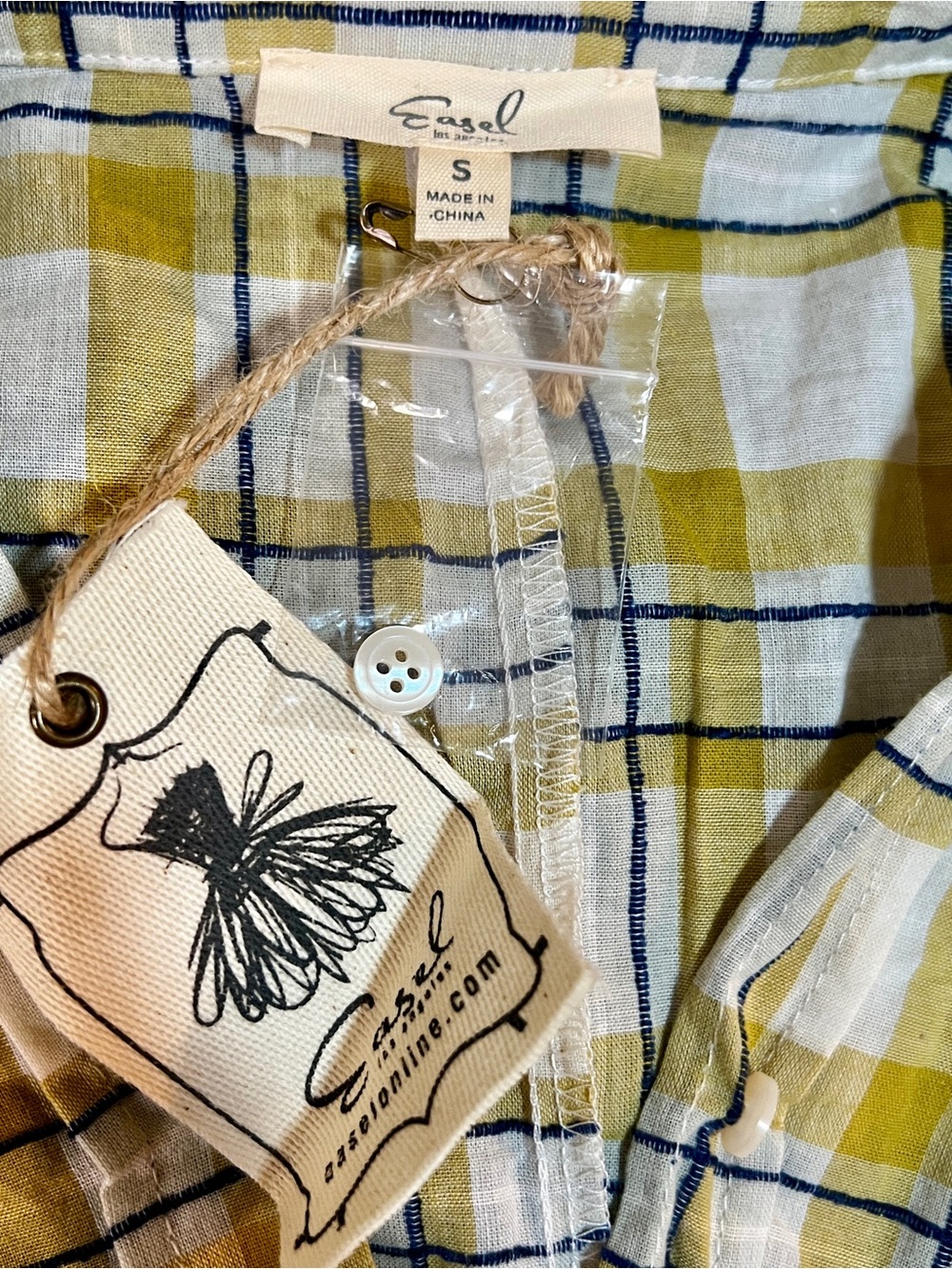 New Easel Wms Yellow Navy Stitched Knit Cotton Textured Twist Hem Plaid Shirt S - Picture 6 of 10